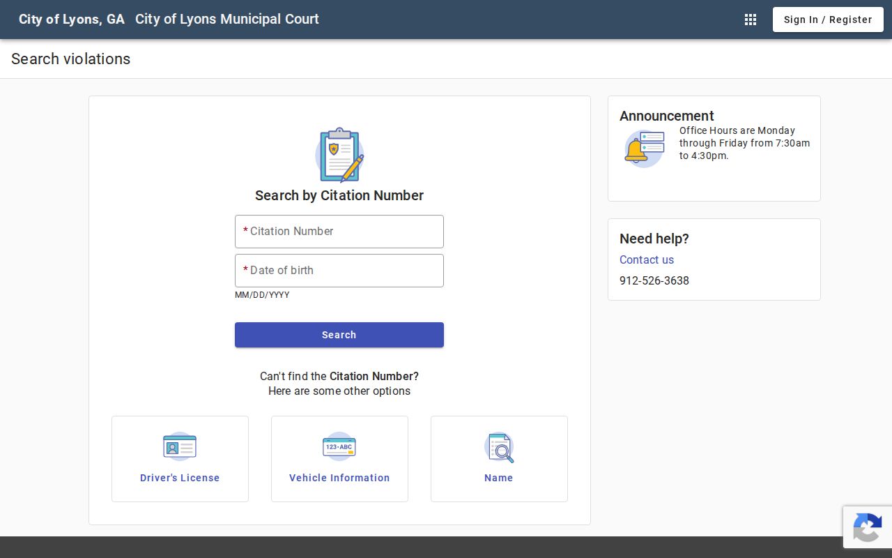 Blank Lyons Municipal Court citation search interface without personal data