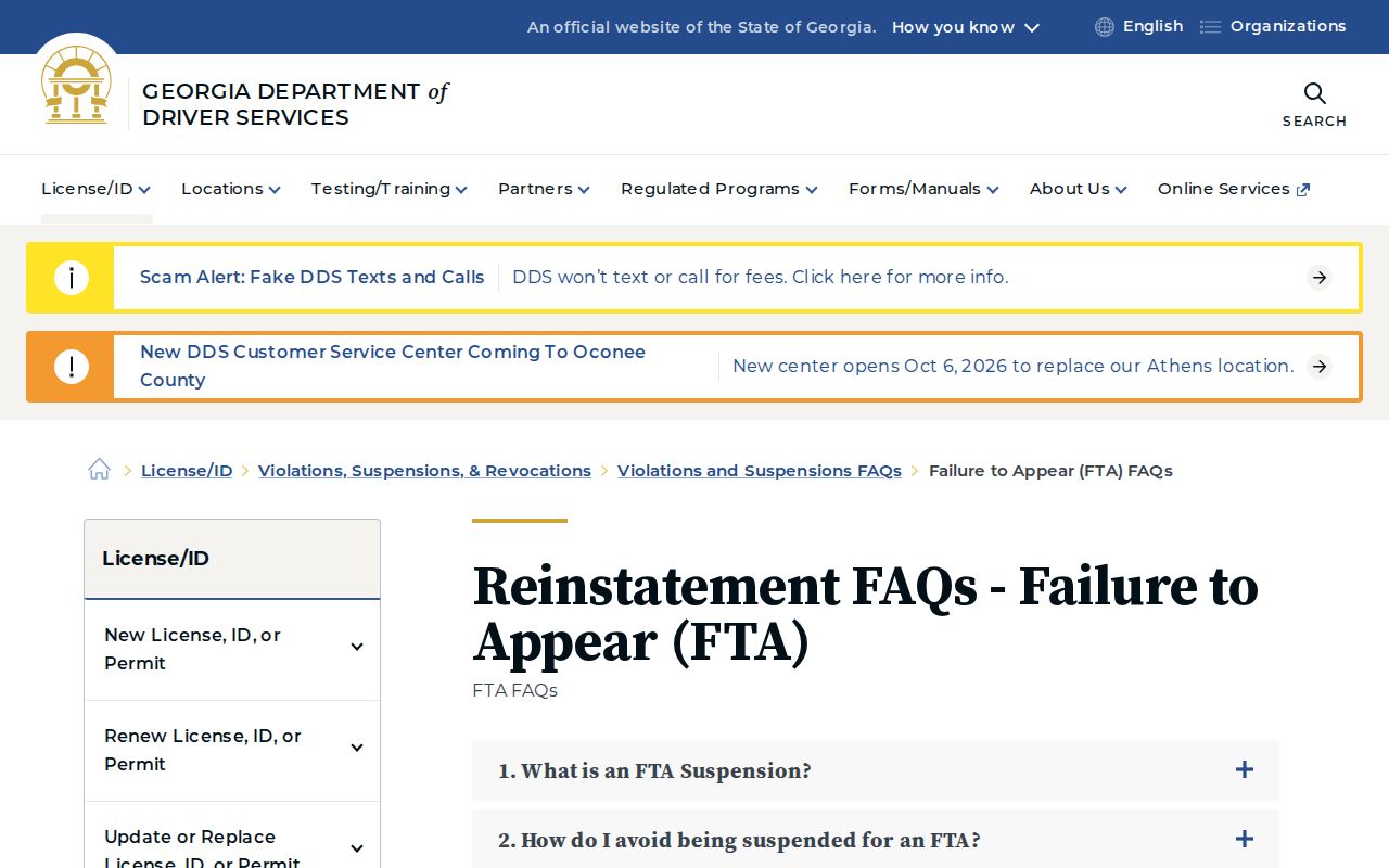 Georgia DDS failure-to-appear suspension timeline without driver data