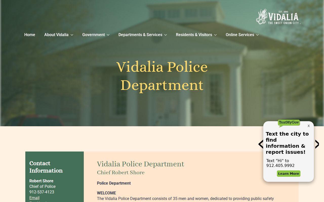 Official Vidalia Police Department contact page
