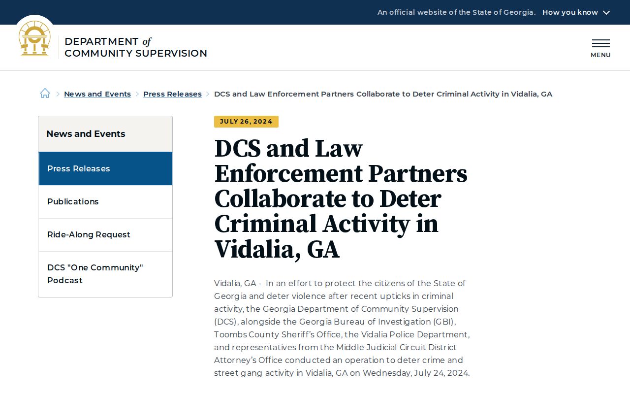 Dated Georgia DCS release about a July 2024 multi-agency Vidalia operation